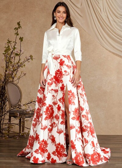 A-Line V-Neck 3/4 Sleeves Sweep Train Taffeta Mother Of The Bride Dresses With High Split