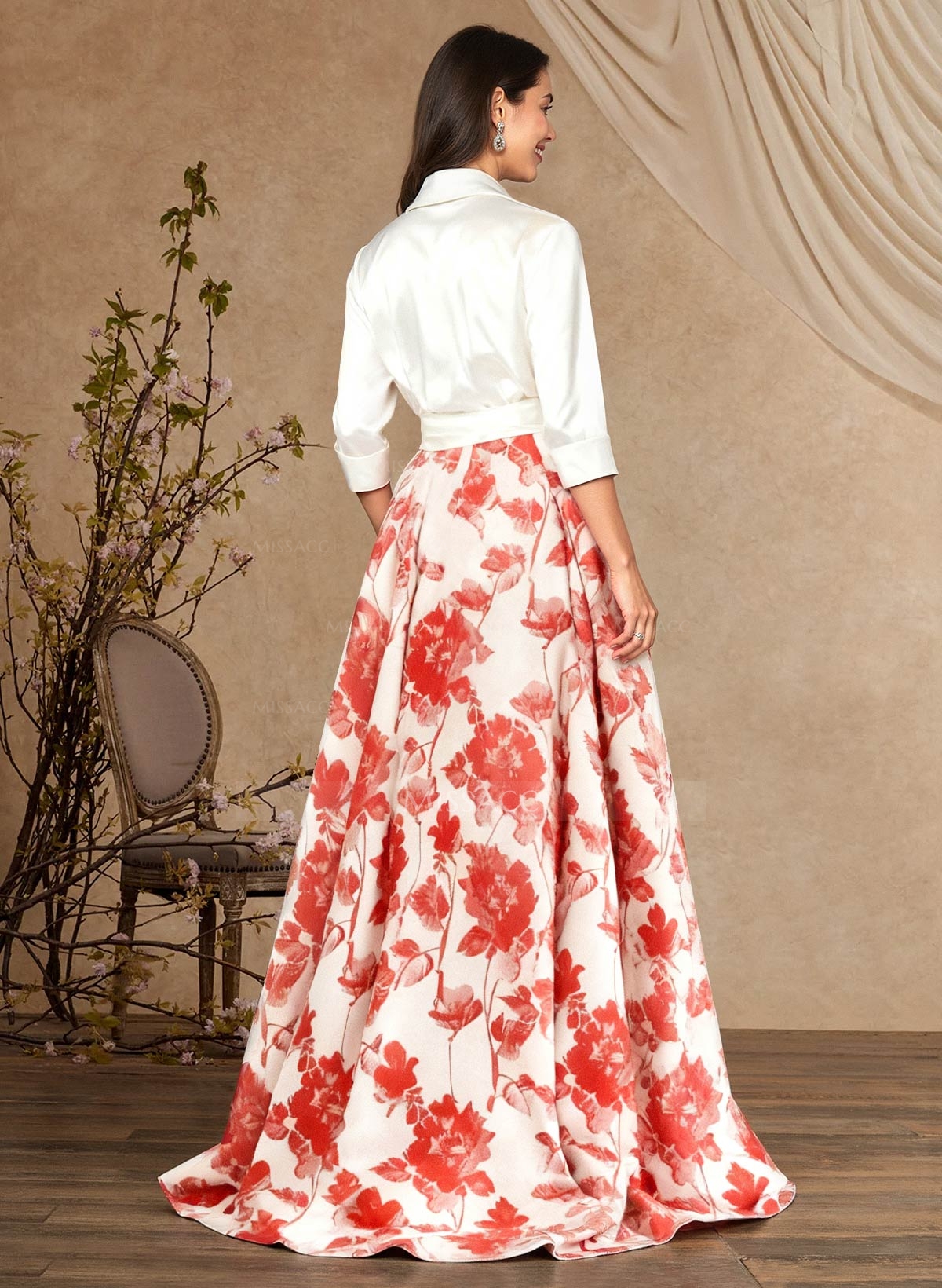 A-Line V-Neck 3/4 Sleeves Sweep Train Taffeta Mother Of The Bride Dresses With High Split