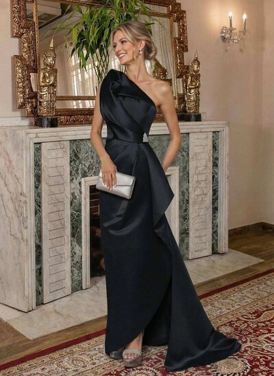 A-Line One-Shoulder Sweep Train Satin Mother Of The Bride Dresses With Shoulder Ruffle