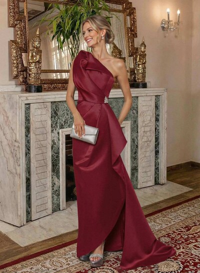 A-Line One-Shoulder Sweep Train Satin Mother Of The Bride Dresses With Shoulder Ruffle