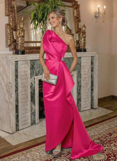 A-Line One-Shoulder Sweep Train Satin Mother Of The Bride Dresses With Shoulder Ruffle