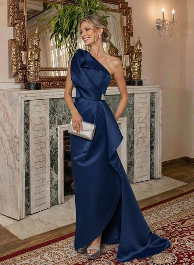 A-Line One-Shoulder Sweep Train Satin Mother Of The Bride Dresses With Shoulder Ruffle