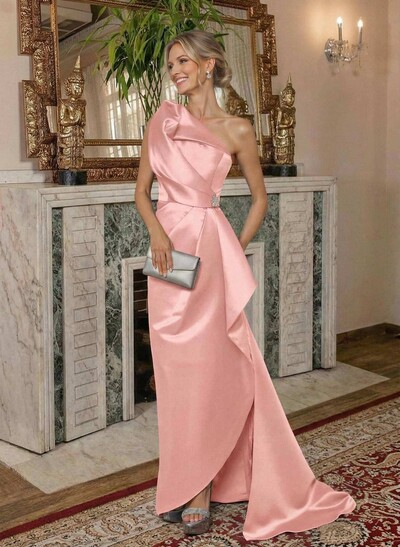 A-Line One-Shoulder Sweep Train Satin Mother Of The Bride Dresses With Shoulder Ruffle