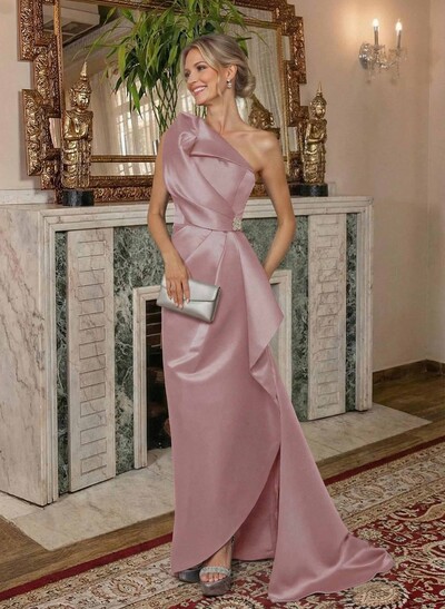 A-Line One-Shoulder Sweep Train Satin Mother Of The Bride Dresses With Shoulder Ruffle