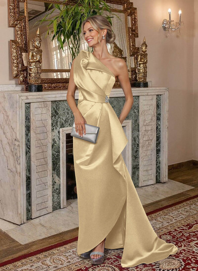 A-Line One-Shoulder Sweep Train Satin Mother Of The Bride Dresses With Shoulder Ruffle