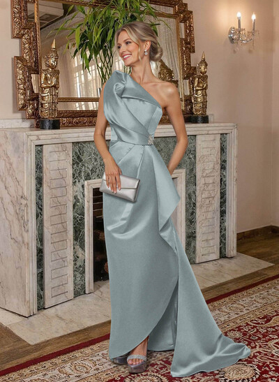 A-Line One-Shoulder Sweep Train Satin Mother Of The Bride Dresses With Shoulder Ruffle