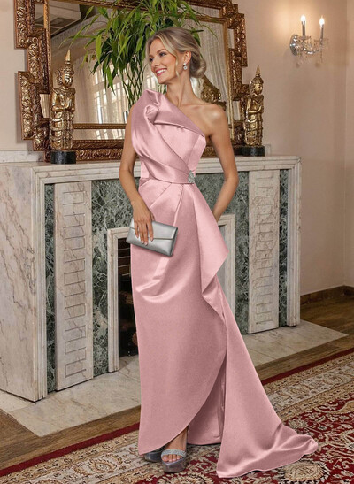 A-Line One-Shoulder Sweep Train Satin Mother Of The Bride Dresses With Shoulder Ruffle