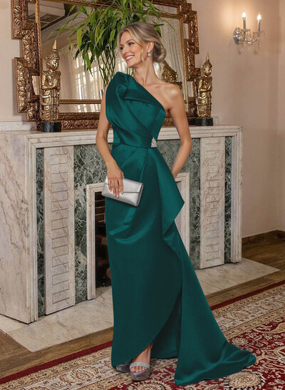 A-Line One-Shoulder Sweep Train Satin Mother Of The Bride Dresses With Shoulder Ruffle