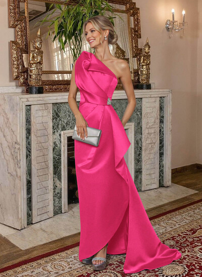 A-Line One-Shoulder Sweep Train Satin Mother Of The Bride Dresses With Shoulder Ruffle