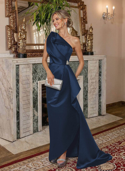 A-Line One-Shoulder Sweep Train Satin Mother Of The Bride Dresses With Shoulder Ruffle