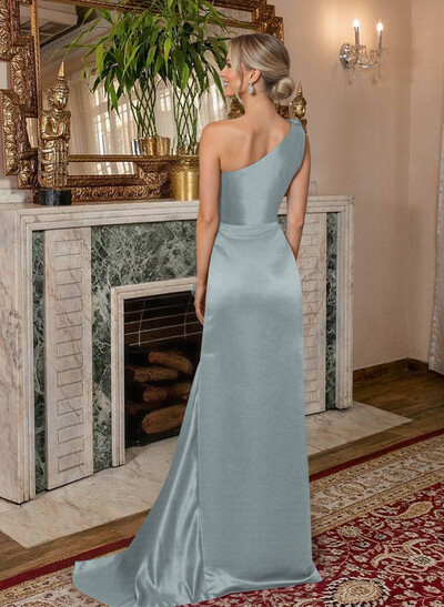 A-Line One-Shoulder Sweep Train Satin Mother Of The Bride Dresses With Shoulder Ruffle