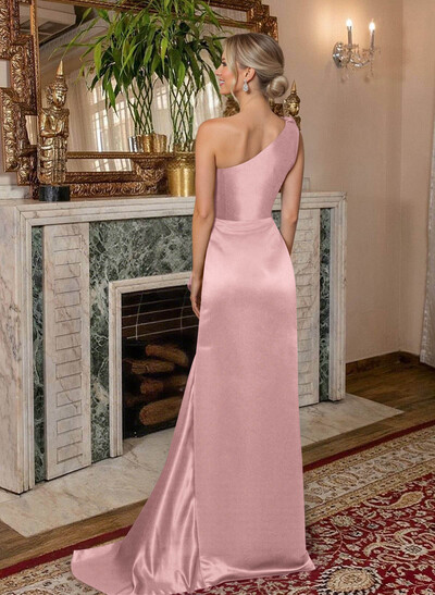 A-Line One-Shoulder Sweep Train Satin Mother Of The Bride Dresses With Shoulder Ruffle