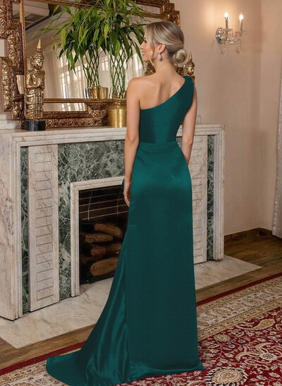 A-Line One-Shoulder Sweep Train Satin Mother Of The Bride Dresses With Shoulder Ruffle