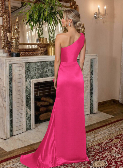 A-Line One-Shoulder Sweep Train Satin Mother Of The Bride Dresses With Shoulder Ruffle