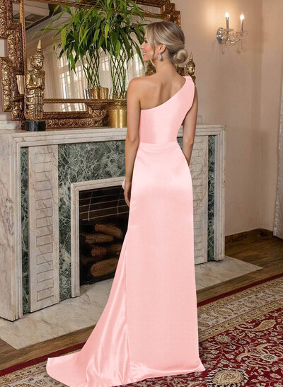 A-Line One-Shoulder Sweep Train Satin Mother Of The Bride Dresses With Shoulder Ruffle