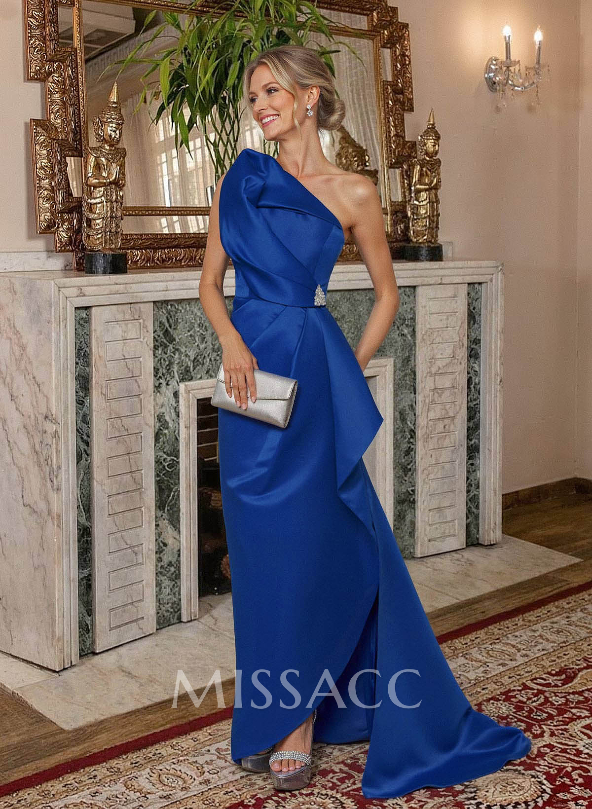 A-Line One-Shoulder Sweep Train Satin Mother Of The Bride Dresses With Shoulder Ruffle A-Line One-Shoulder Sweep Train Satin Mother Of The Bride Dresses With Shoulder Ruffle