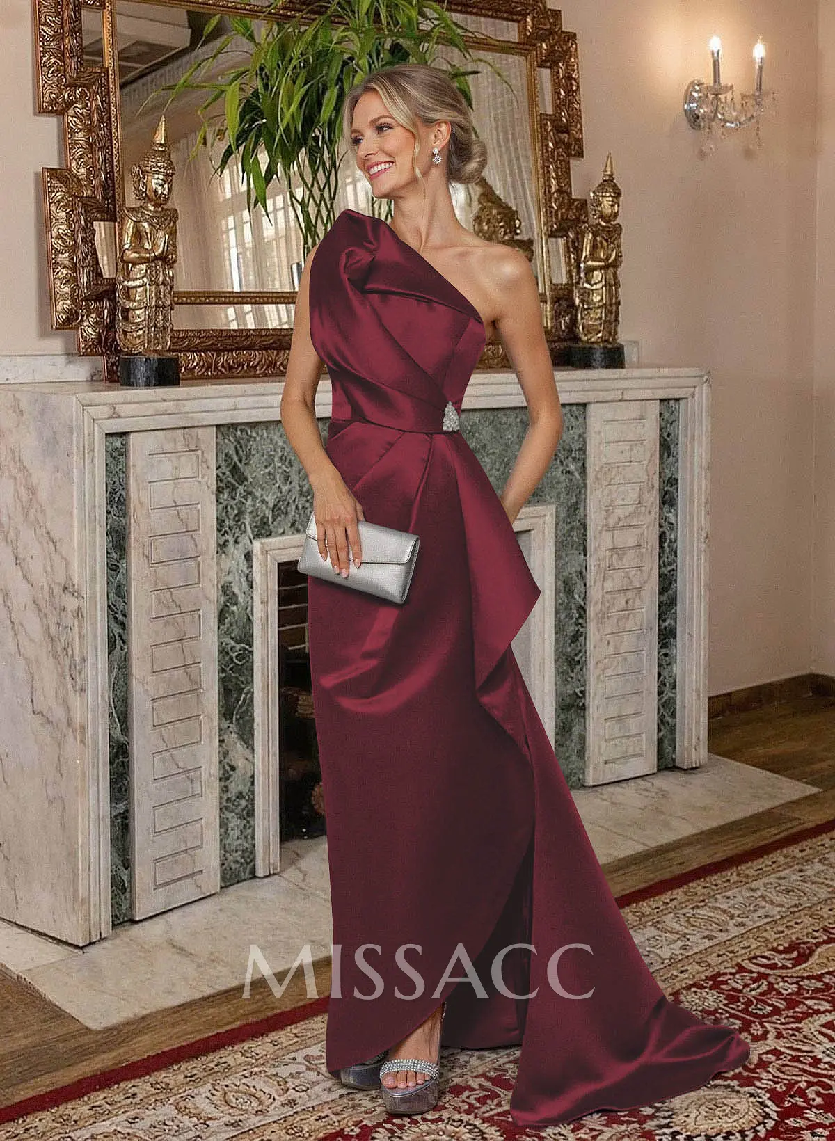 A-Line One-Shoulder Sweep Train Satin Mother Of The Bride Dresses