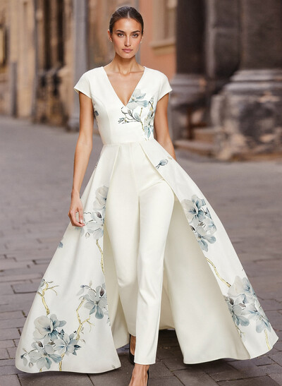 Jumpsuit Pantsuit V-Neck Short Sleeves Floor-Length Elastic Satin Mother Of The Bride Dresses With Flower(s)