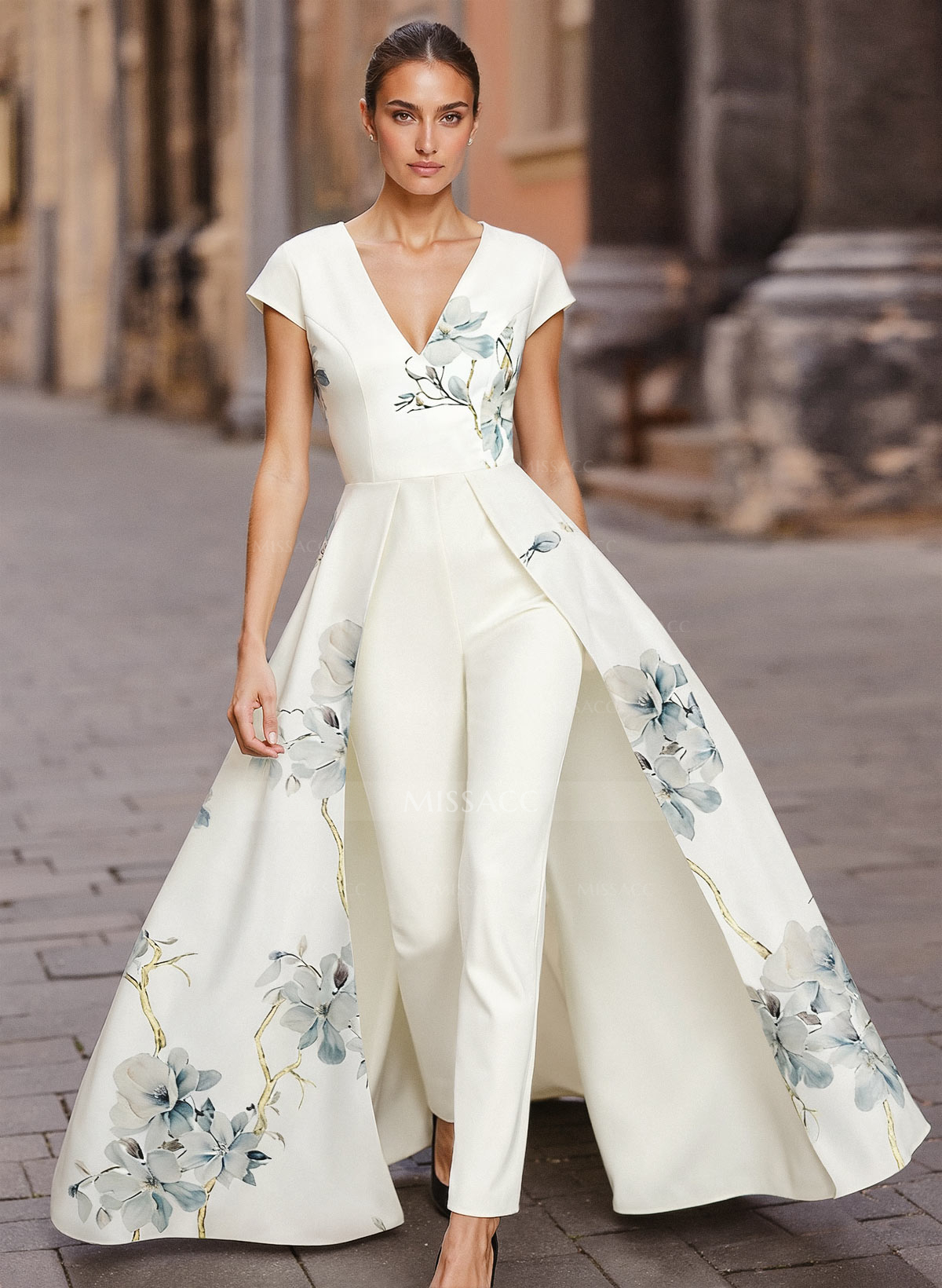 Jumpsuit Pantsuit V-Neck Short Sleeves Floor-Length Elastic Satin Mother Of The Bride Dresses With Flower(s)