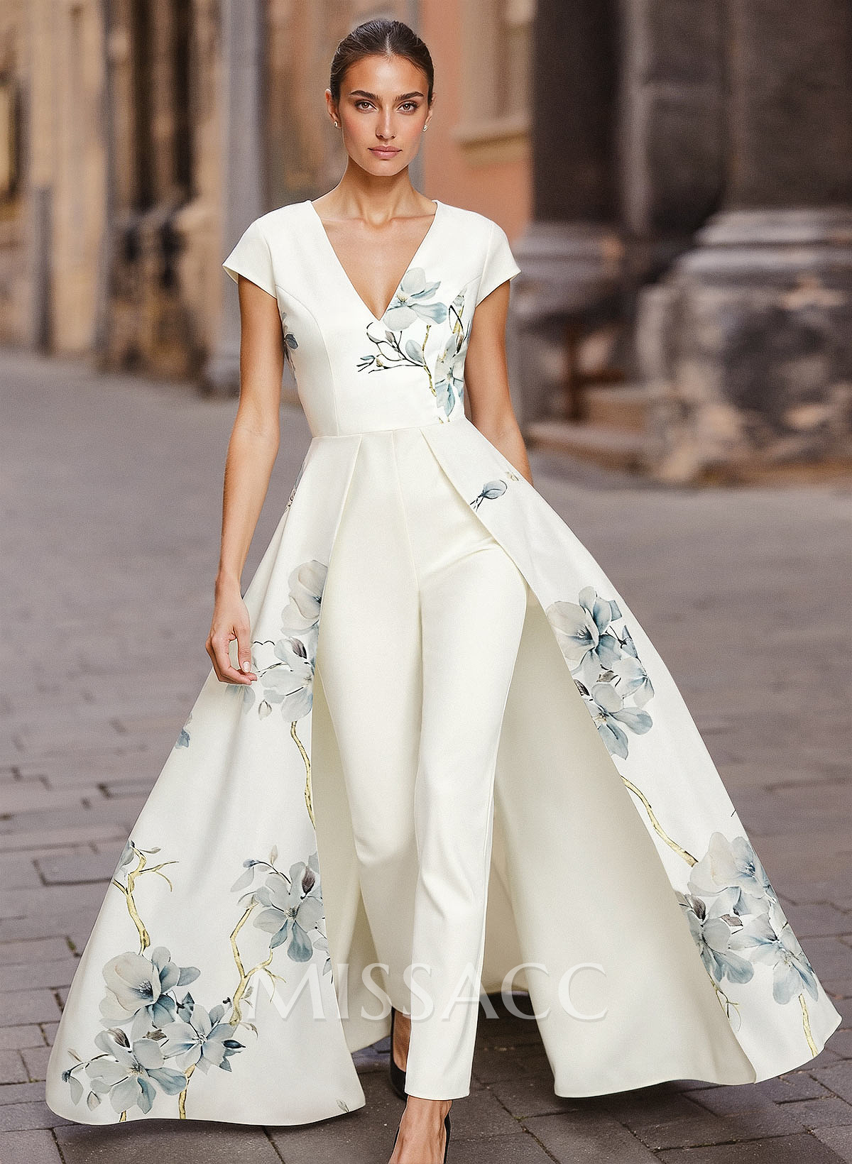 Jumpsuit Pantsuit V-Neck Short Sleeves Floor-Length Crepe Satin Mother Of The Bride Dresses With Floral-Print