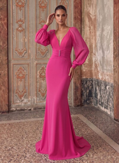 Trumpet Mermaid Plunge Neck Long Sleeves Sweep Train Chiffon Mother Of The Bride Dresses With Rhinestone