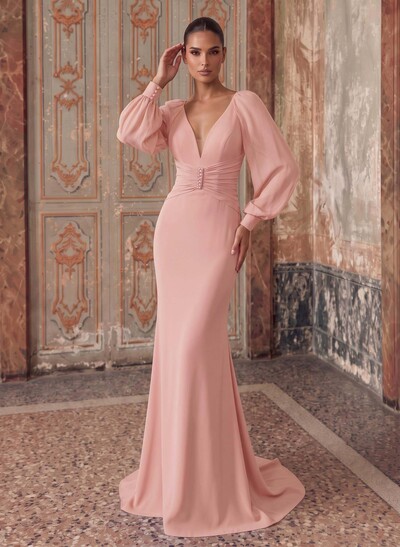 Mermaid Trumpet Plunge Neck Long Sleeve Chiffon Mother Of The Bride Dress With Rhinestones And Sweep Train