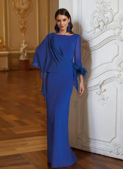 Sheath Column Scoop Neck Long Sleeves Cape Sleeves Floor-Length Chiffon Mother Of The Bride Dresses With Sweeping Side Drape Shoulder Ruffle