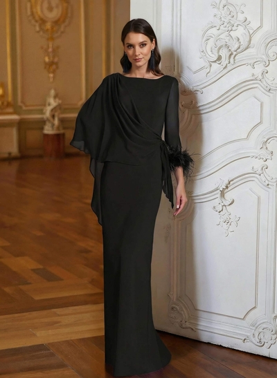 Sheath Column Scoop Neck Long Sleeves Cape Sleeves Floor-Length Chiffon Mother Of The Bride Dresses With Sweeping Side Drape Shoulder Ruffle