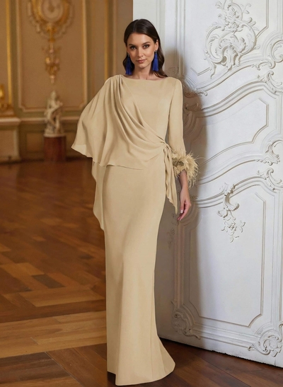 Sheath Column Scoop Neck Long Sleeves Cape Sleeves Floor-Length Chiffon Mother Of The Bride Dresses With Sweeping Side Drape Shoulder Ruffle
