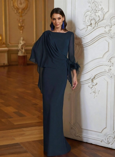 Sheath Column Scoop Neck Long Sleeves Cape Sleeves Floor-Length Chiffon Mother Of The Bride Dresses With Sweeping Side Drape Shoulder Ruffle