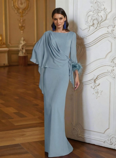 Sheath Column Scoop Neck Long Sleeves Cape Sleeves Floor-Length Chiffon Mother Of The Bride Dresses With Sweeping Side Drape Shoulder Ruffle