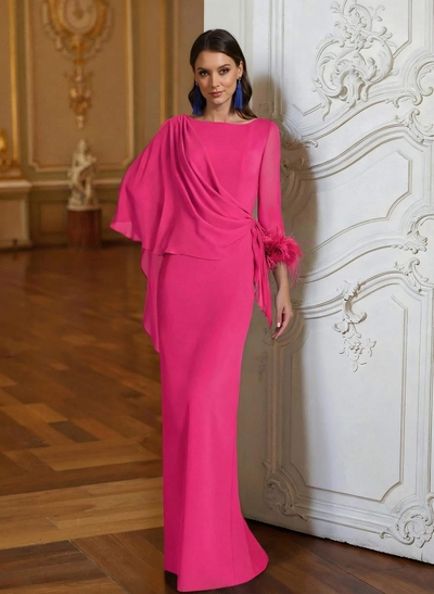 Sheath Column Scoop Neck Long Sleeves Cape Sleeves Floor-Length Chiffon Mother Of The Bride Dresses With Sweeping Side Drape Shoulder Ruffle