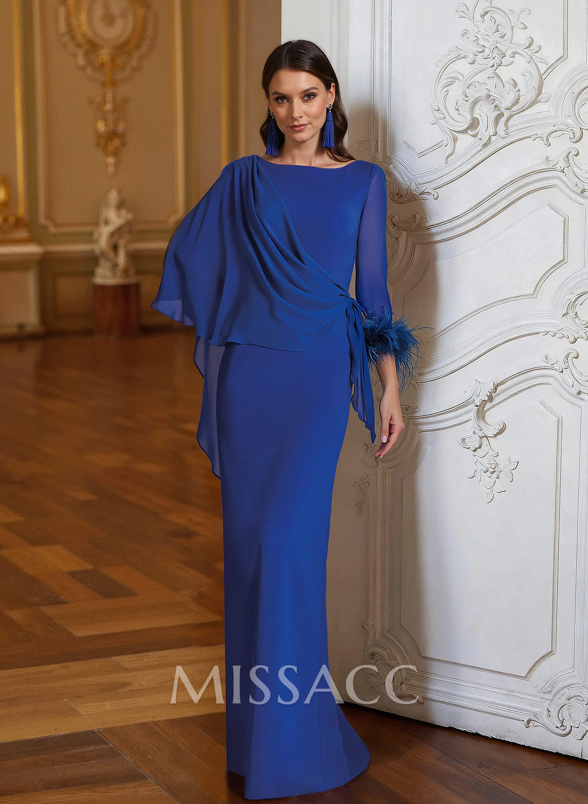 Sheath Column Scoop Neck Long Sleeves Cape Sleeves Floor-Length Chiffon Mother Of The Bride Dresses With Sweeping Side Drape Shoulder Ruffle