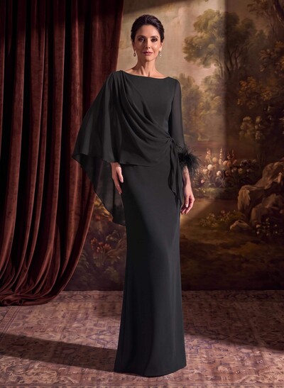 Sheath Column Scoop Neck Long Sleeves Cape Sleeves Floor-Length Chiffon Mother Of The Bride Dresses With Sweeping Side Drape Shoulder Ruffle