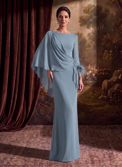 Sheath Column Scoop Neck Long Sleeves Cape Sleeves Floor-Length Chiffon Mother Of The Bride Dresses With Sweeping Side Drape Shoulder Ruffle