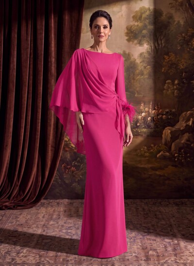 Sheath Column Scoop Neck Long Sleeves Cape Sleeves Floor-Length Chiffon Mother Of The Bride Dresses With Sweeping Side Drape Shoulder Ruffle
