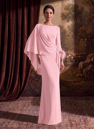 Sheath Column Scoop Neck Long Sleeves Cape Sleeves Floor-Length Chiffon Mother Of The Bride Dresses With Sweeping Side Drape Shoulder Ruffle