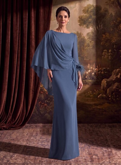Sheath Column Scoop Neck Long Sleeves Cape Sleeves Floor-Length Chiffon Mother Of The Bride Dresses With Sweeping Side Drape Shoulder Ruffle