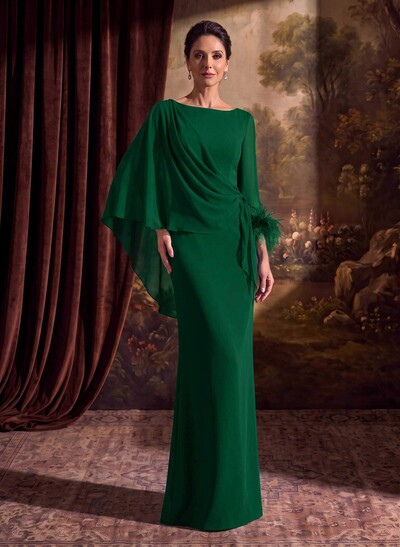 Sheath Column Scoop Neck Long Sleeves Cape Sleeves Floor-Length Chiffon Mother Of The Bride Dresses With Sweeping Side Drape Shoulder Ruffle