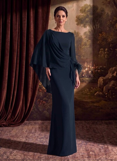 Sheath Column Scoop Neck Long Sleeves Cape Sleeves Floor-Length Chiffon Mother Of The Bride Dresses With Sweeping Side Drape Shoulder Ruffle