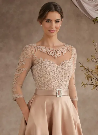 A-Line Illusion Neck 3/4 Sleeves Floor-Length Satin Mother Of The Bride Dresses With Flower(s)