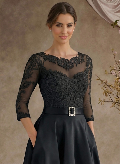 A-Line Illusion Neck 3/4 Sleeves Floor-Length Satin Mother Of The Bride Dresses With Flower(s)