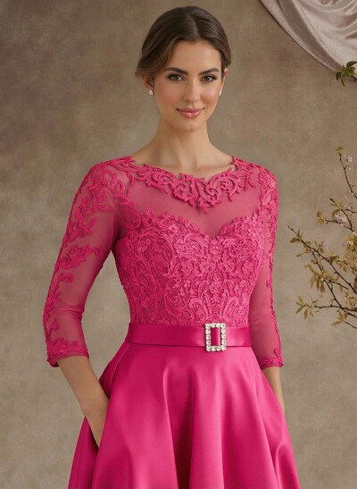 A-Line Illusion Neck 3/4 Sleeves Floor-Length Satin Mother Of The Bride Dresses With Flower(s)