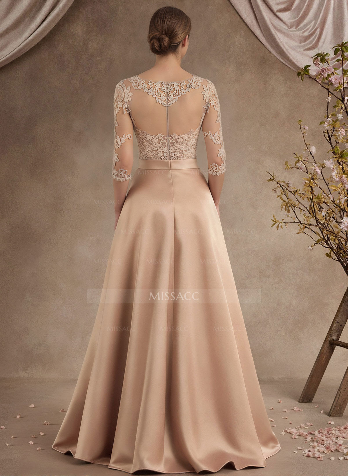 A-Line Illusion Neck 3/4 Sleeves Floor-Length Satin Mother Of The Bride Dresses With Flower(s)