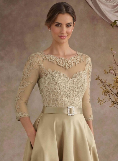 A-Line Illusion Neck 3/4 Sleeves Floor-Length Satin Mother Of The Bride Dresses With Flower(s)
