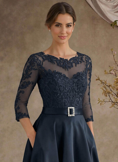 A-Line Illusion Neck 3/4 Sleeves Floor-Length Satin Mother Of The Bride Dresses With Flower(s)