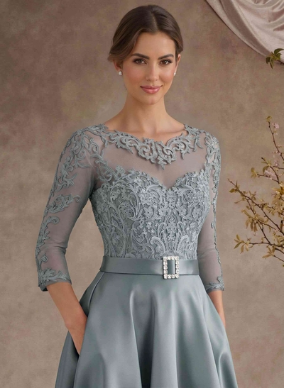 A-Line Illusion Neck 3/4 Sleeves Floor-Length Satin Mother Of The Bride Dresses With Flower(s)