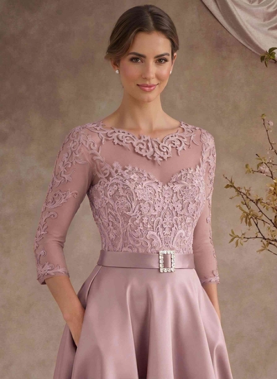 A-Line Illusion Neck 3/4 Sleeves Floor-Length Satin Mother Of The Bride Dresses With Flower(s)