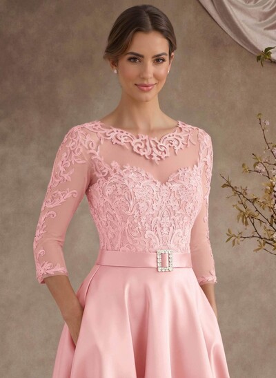 A-Line Illusion Neck 3/4 Sleeves Floor-Length Satin Mother Of The Bride Dresses With Flower(s)