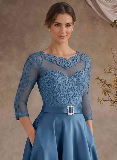 A-Line Illusion Neck 3/4 Sleeves Floor-Length Satin Mother Of The Bride Dresses With Flower(s)